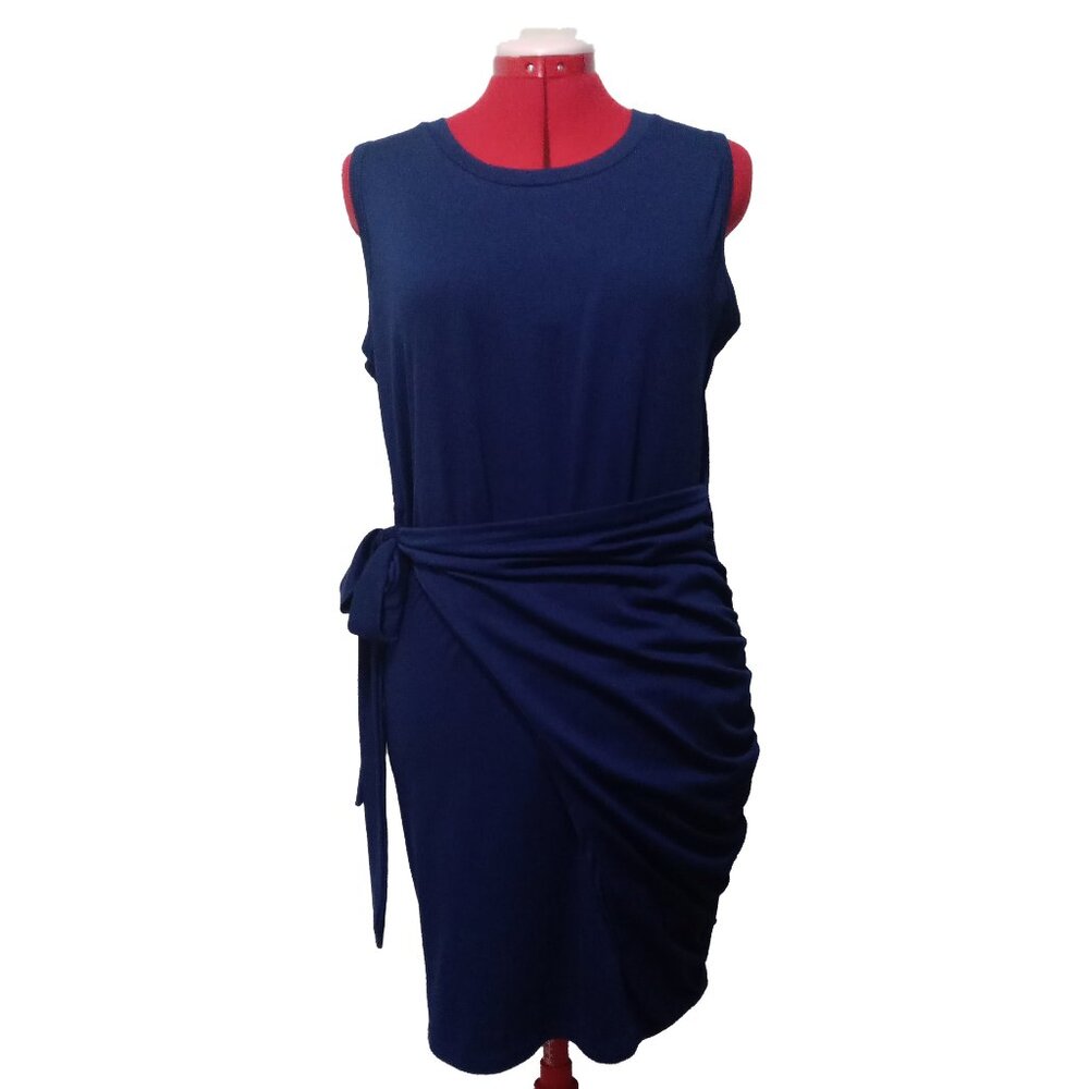 Deep Cobalt Blue Stretch Summer Faux Wrap T-Shirt Dress US L